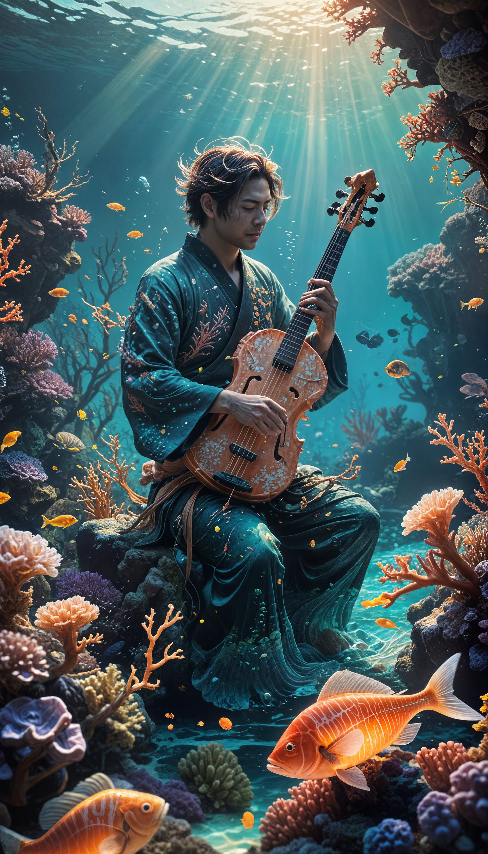 Underwater Shamisen Player in Coral Reef