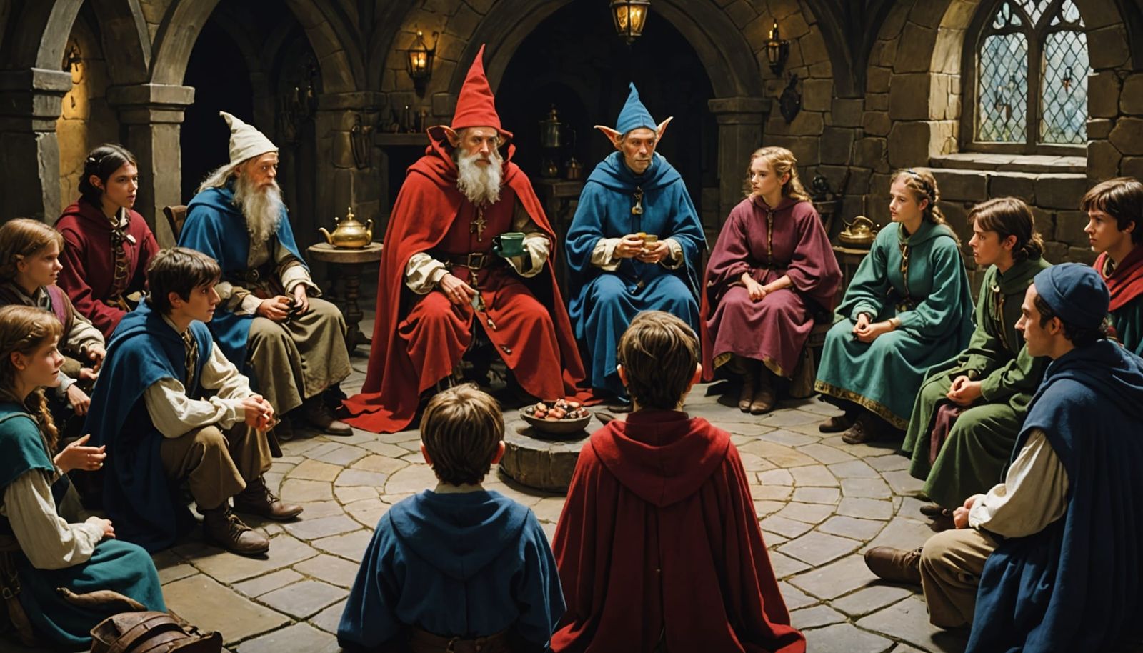 Medieval Students Listening to Wizard, Fantasy Art