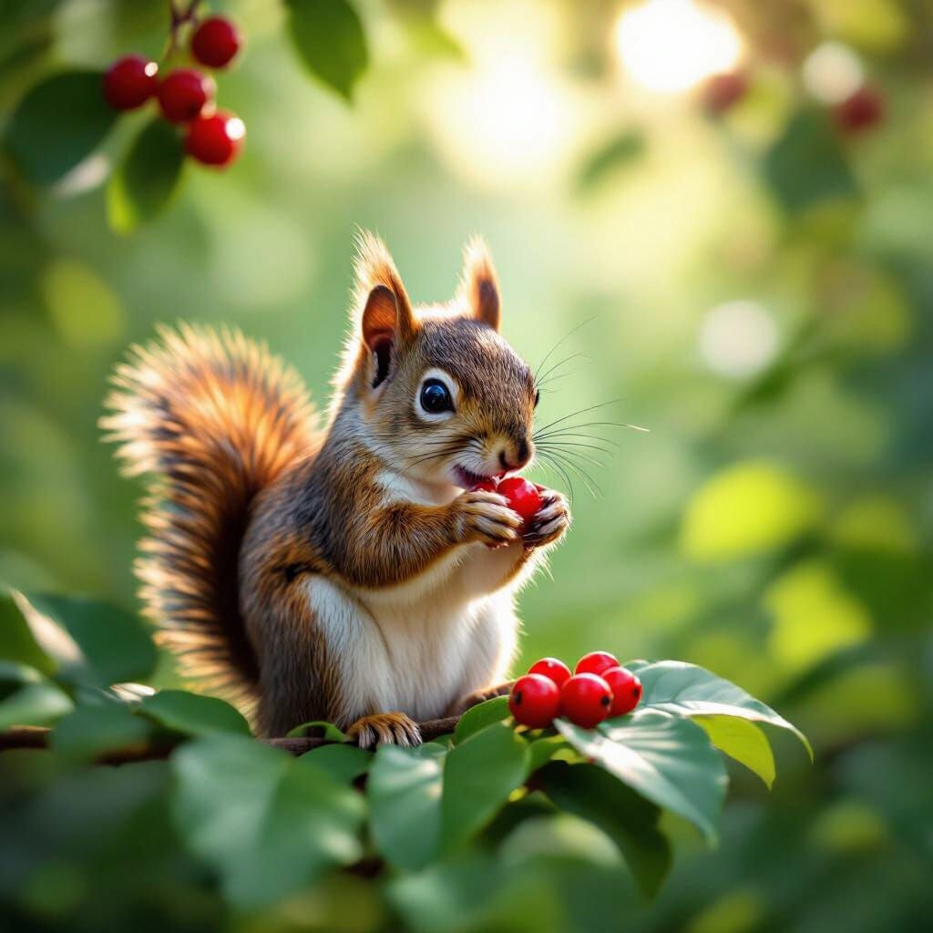 Close-Up of a Squirrel Eating Berries on a Branch