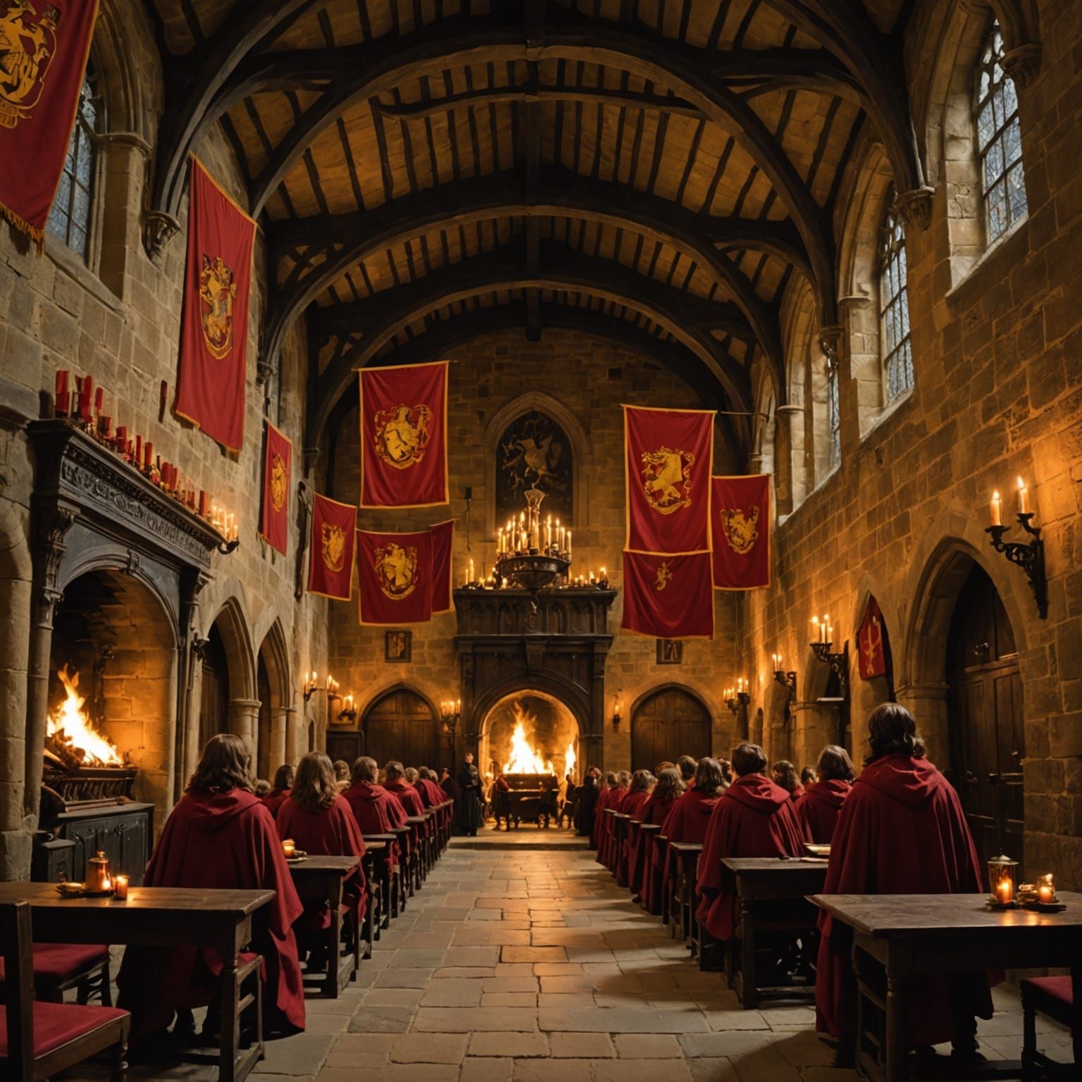 Medieval Castle Hall in Warm, Flickering Torchlight