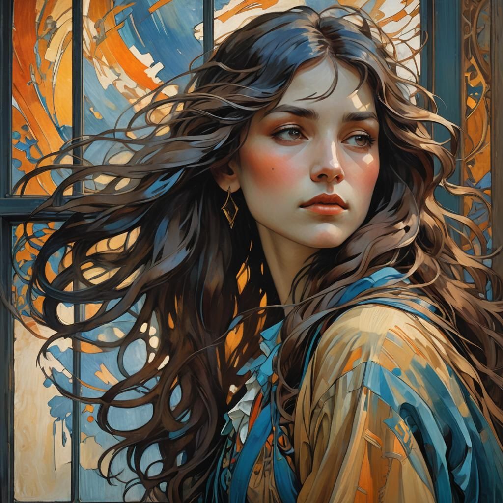 Expressive Portrait with Swirling Hair, Expressionist Style