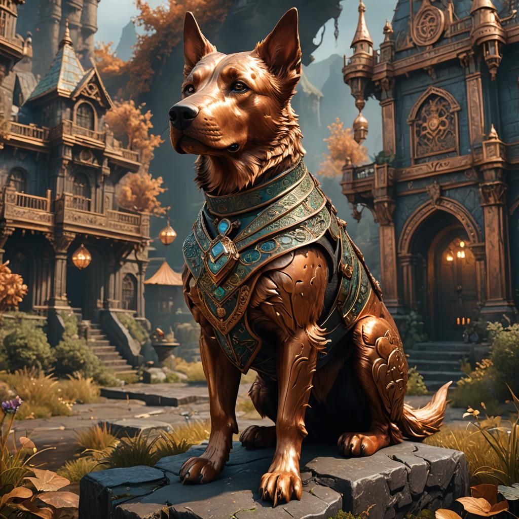 Fantastical Copper Dog in Detailed Matte Painting