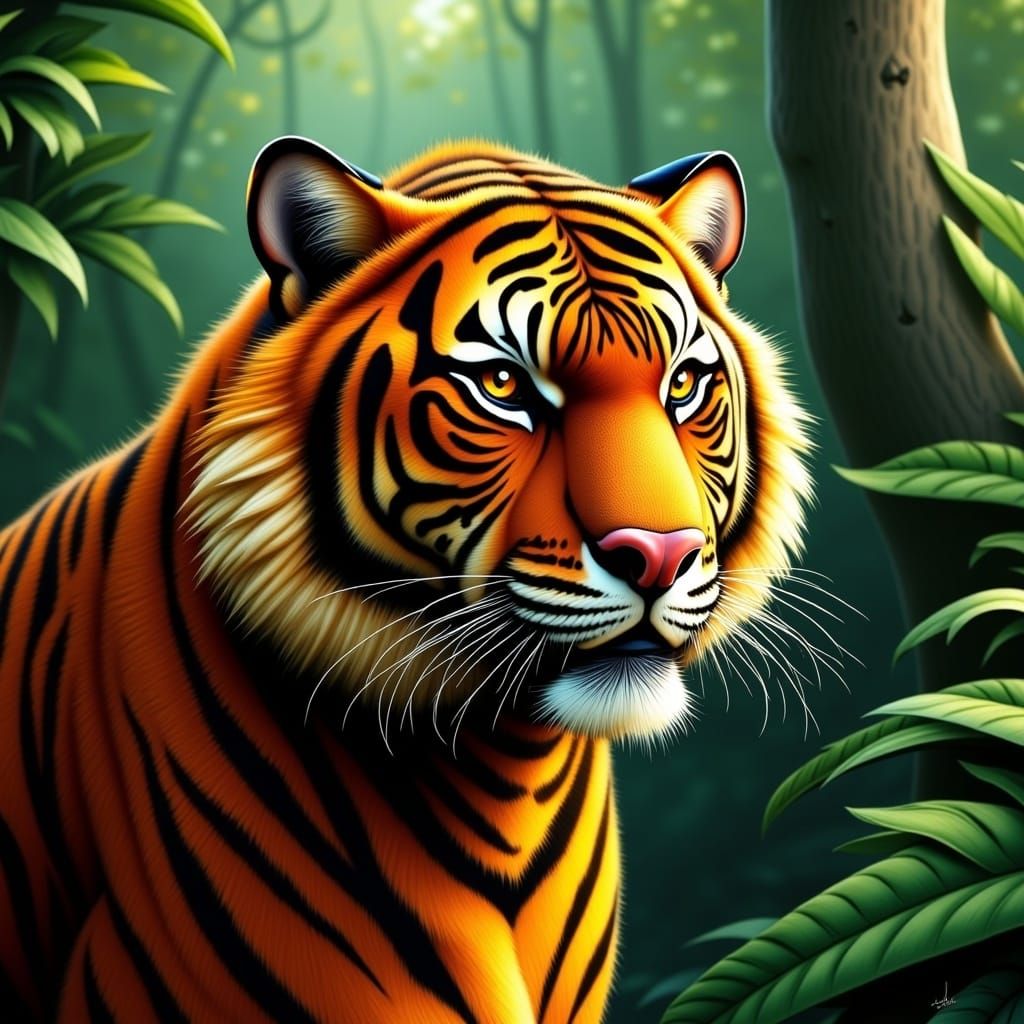 Majestic Tiger in Lush Jungle, Digital Art
