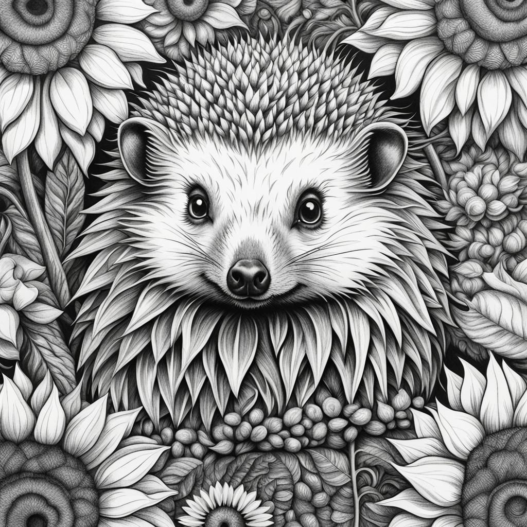 Hedgehog and Sunflowers Coloring Image in Charcoal Style