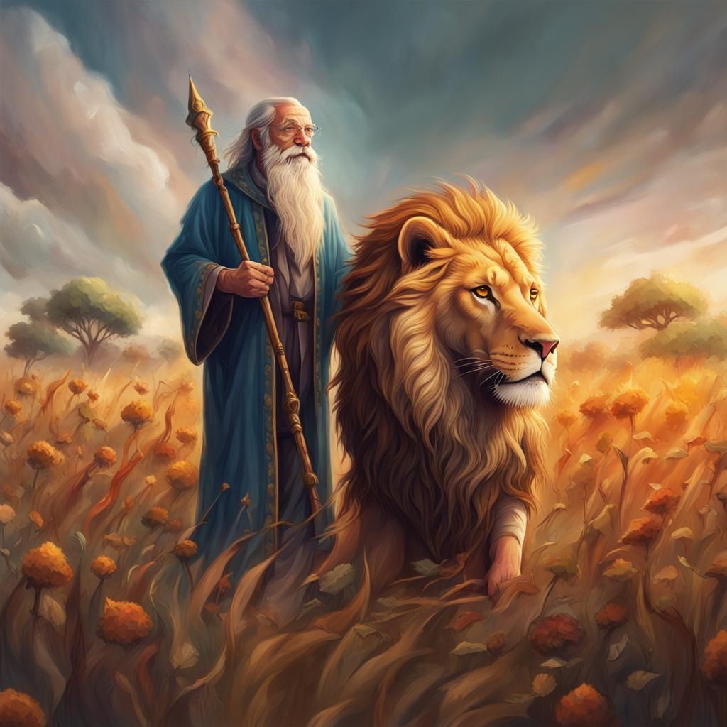 Wizard and Lion in Hyperrealistic Style