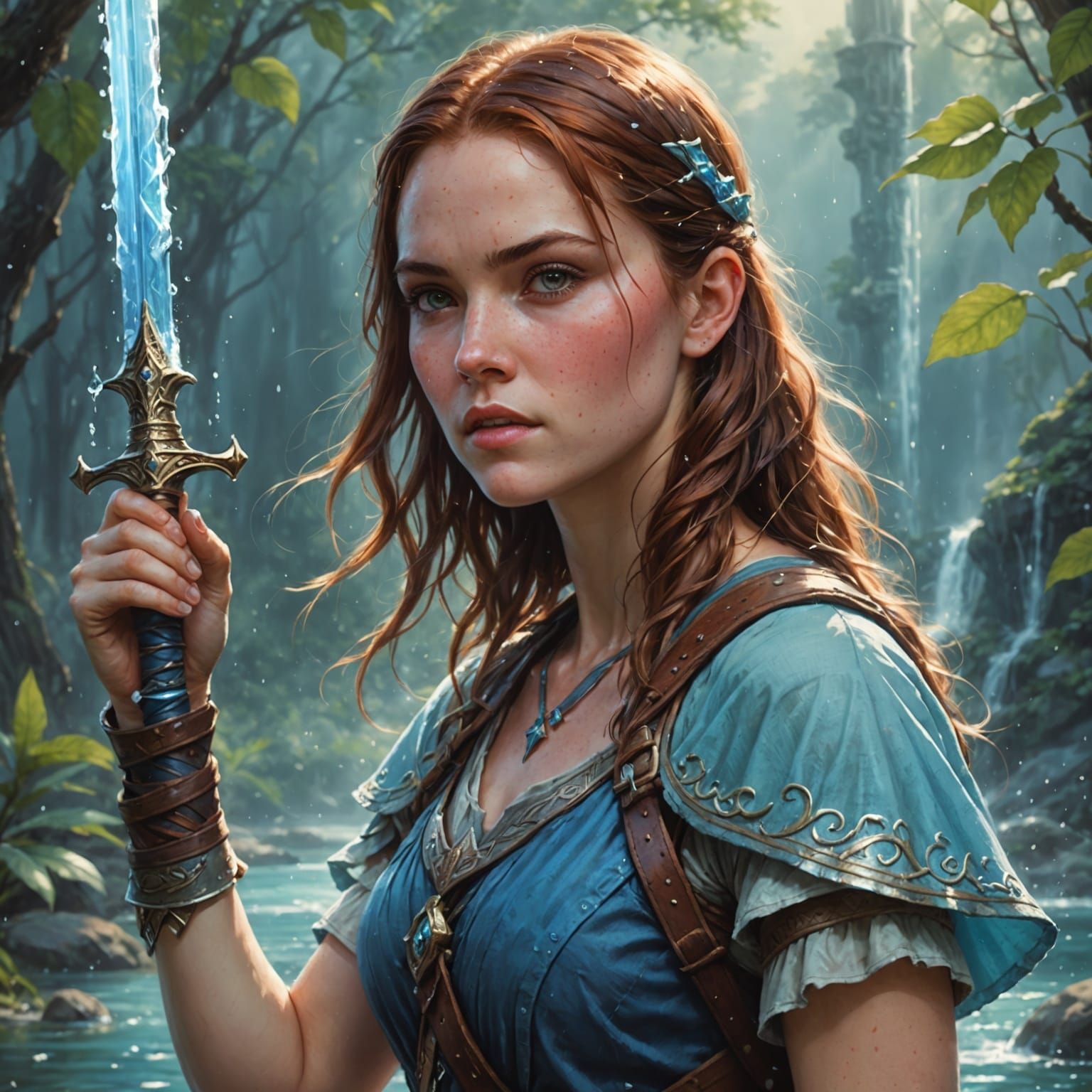 Surreal Water Sword Maiden in Pastel Fantasy