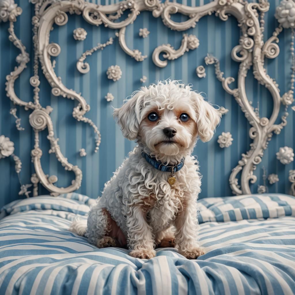 Cute Fluffy White Dog on Striped Bed
