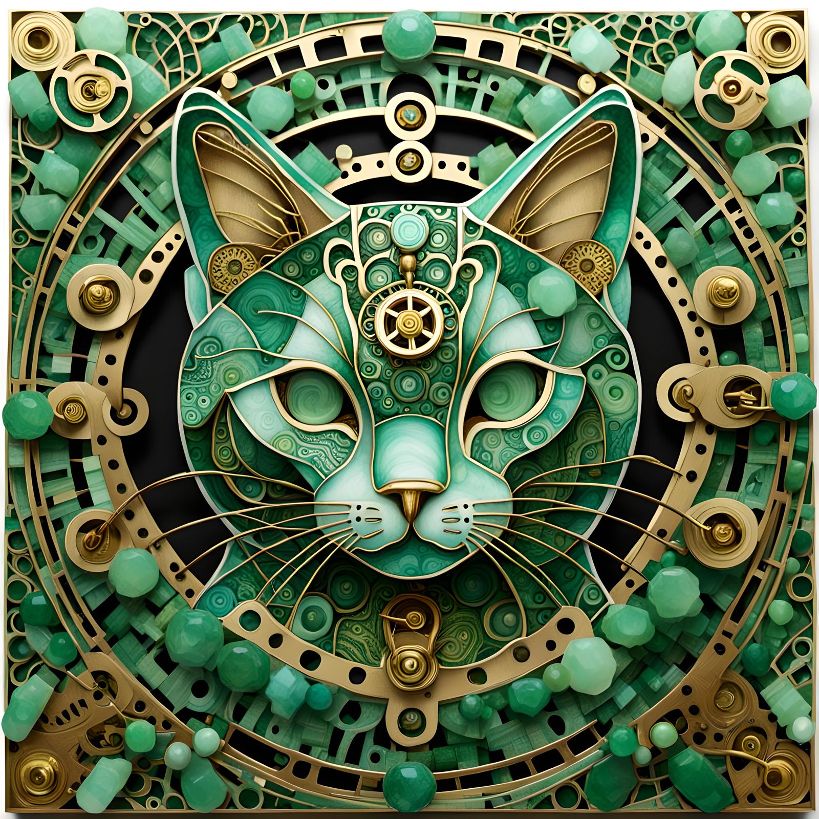 Mechanical cat, Jade and brass, zentangle