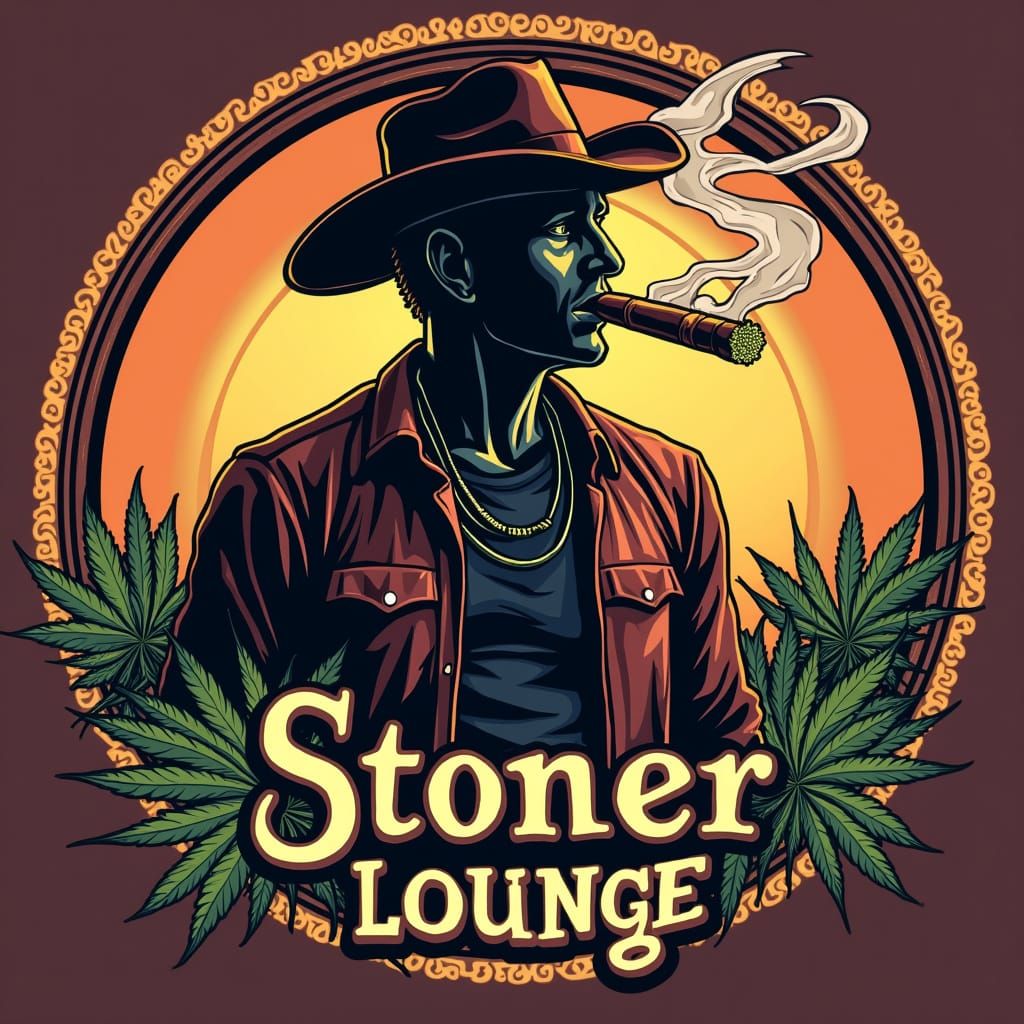 Vibrant Cartoon Cowboy Silhouette with Cannabis Leaves