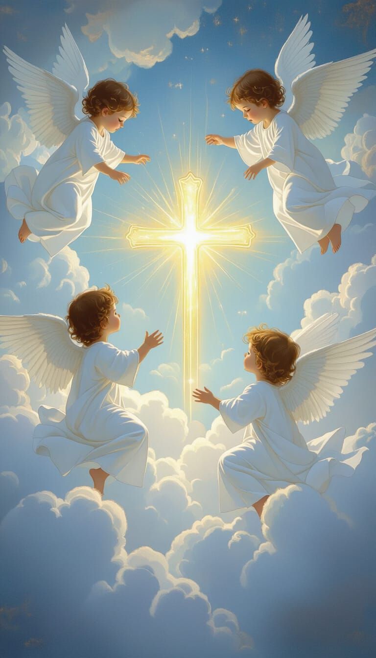 Angelic Scene with Golden Cross in Classical Style