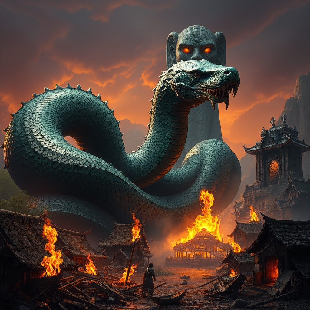 Colossal Serpent's Wrath: Village Ablaze in Hyper-Detailed M...