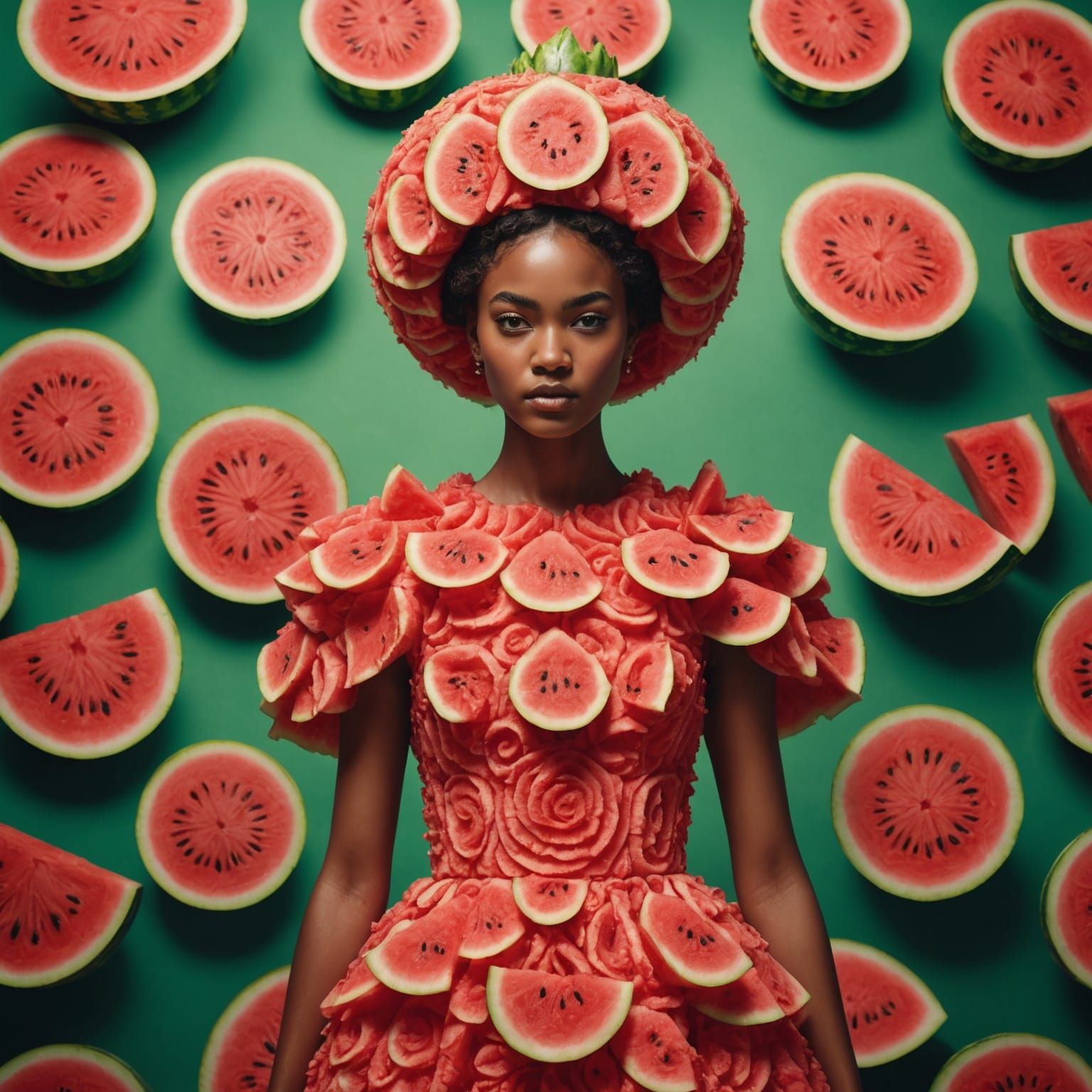 Watermelon Dress Runway Model in Splash Art Style
