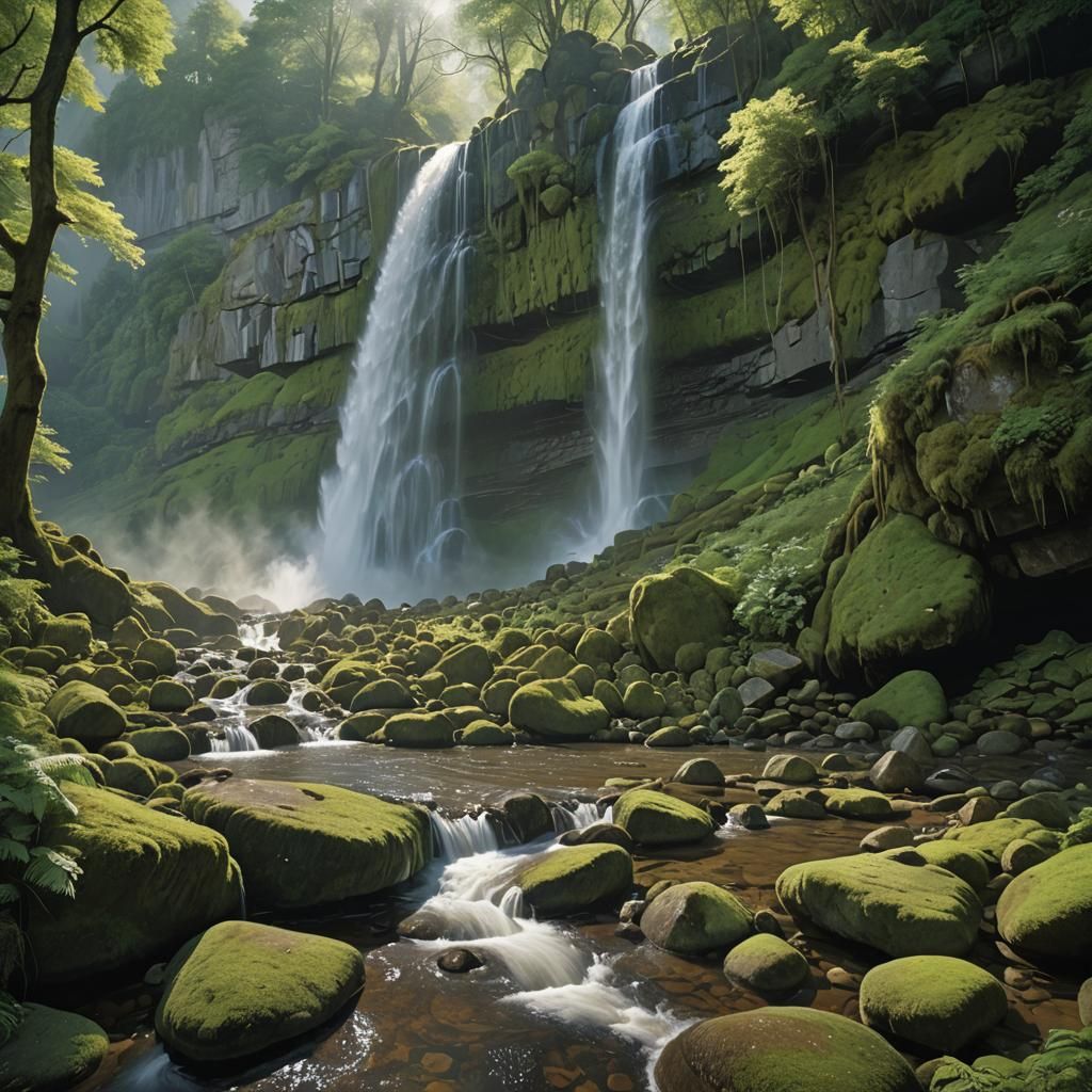 Majestic Waterfall Cascades in Summer Light