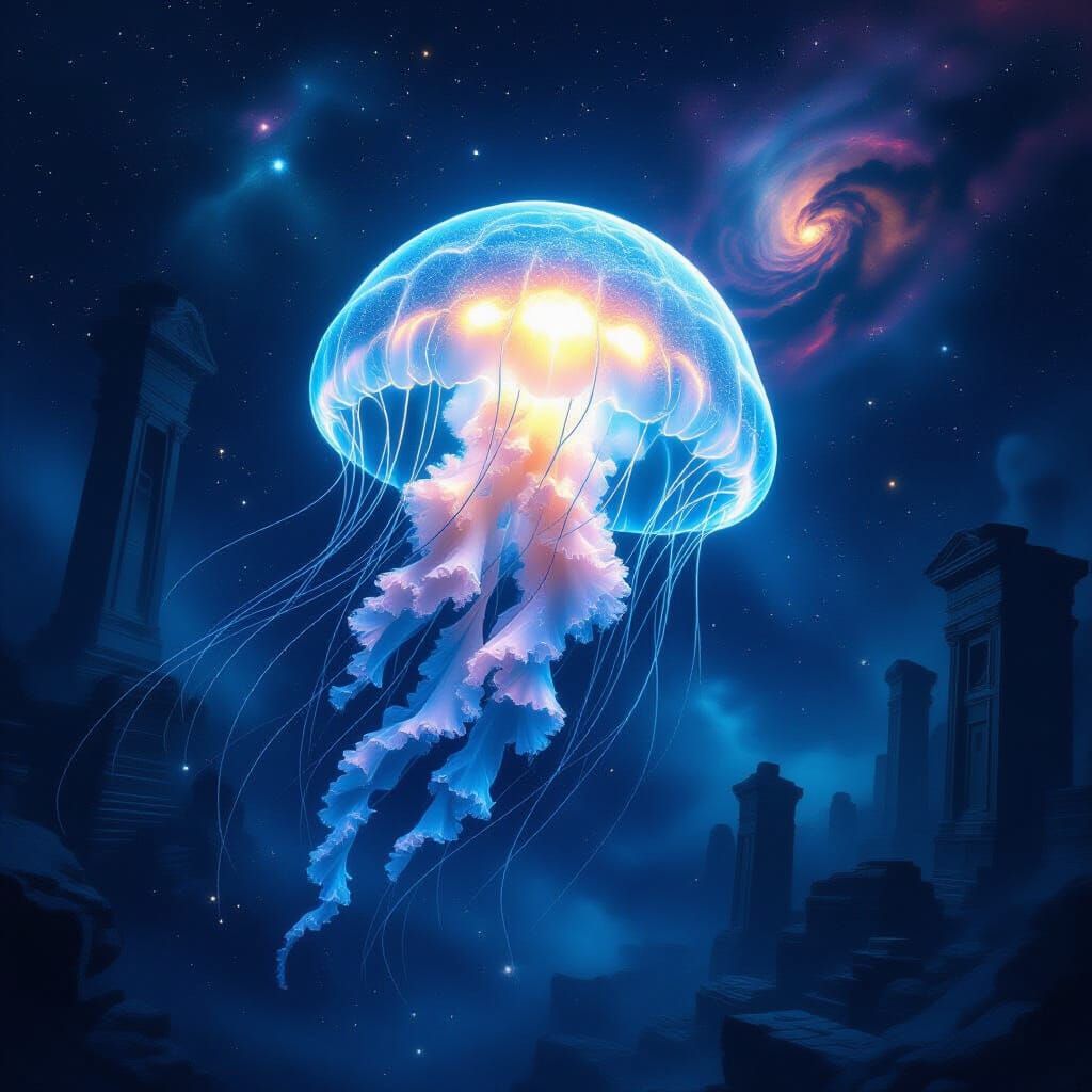 Bioluminescent Jellyfish in Cosmic Ocean Ruins