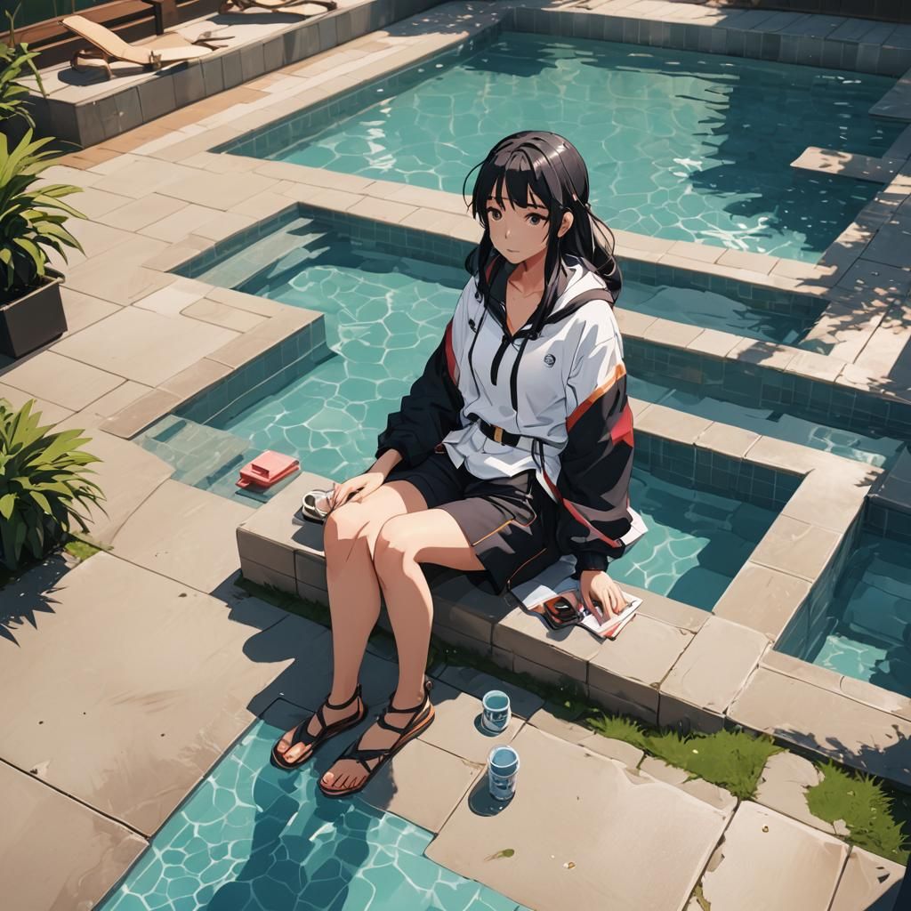 Anime Girl by Pool in Cel-Shaded Style