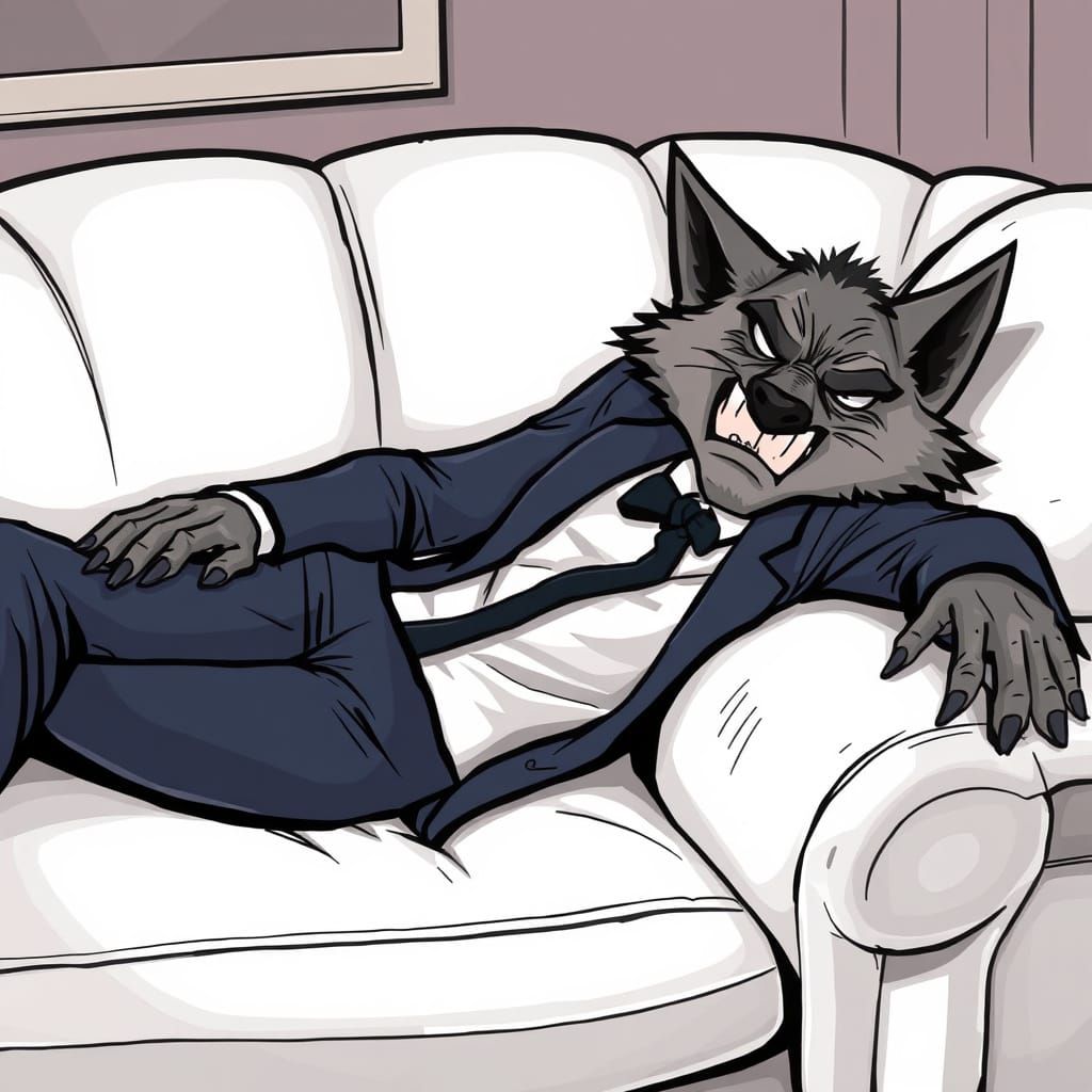 Cartoon Werewolf Lounging in Expensive Suit