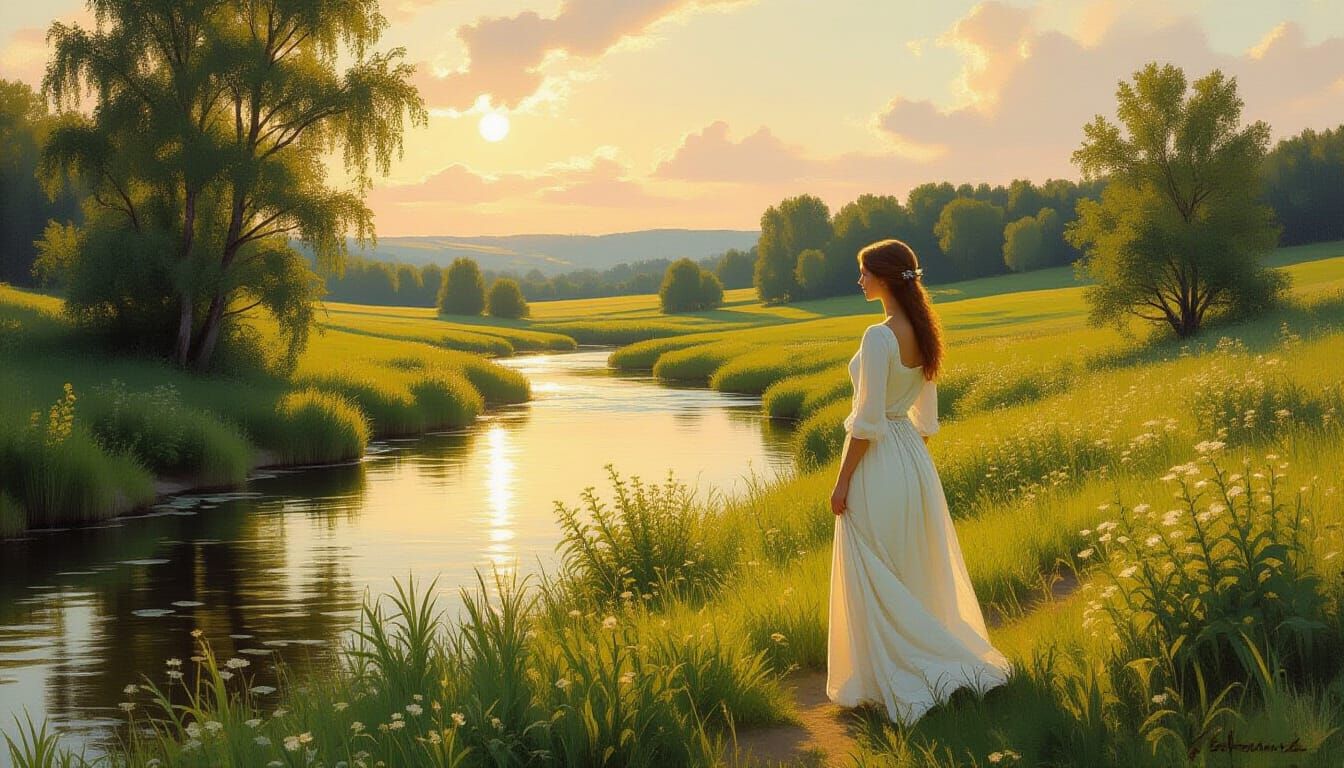 Serene Woman in Lush Valley as Impressionist Painting