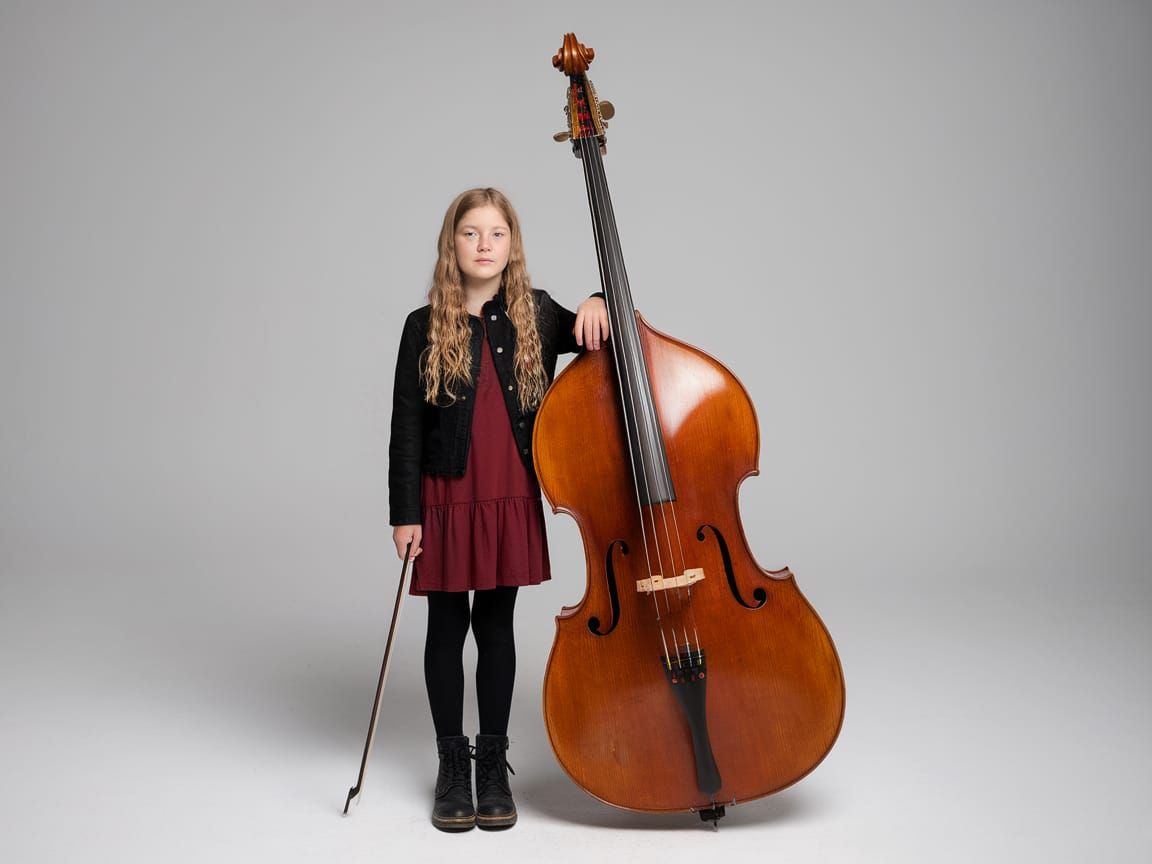 Young Musician with Double Bass in Studio Portrait