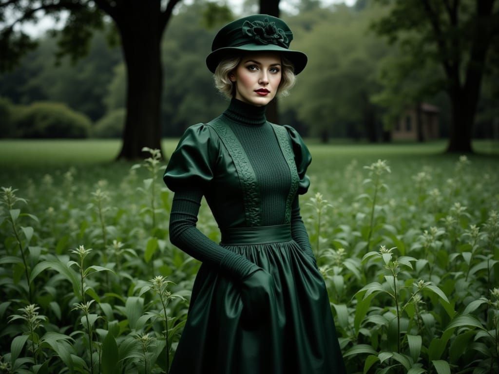 Elegant Woman in Green, Surrounded by Nature's Serenity