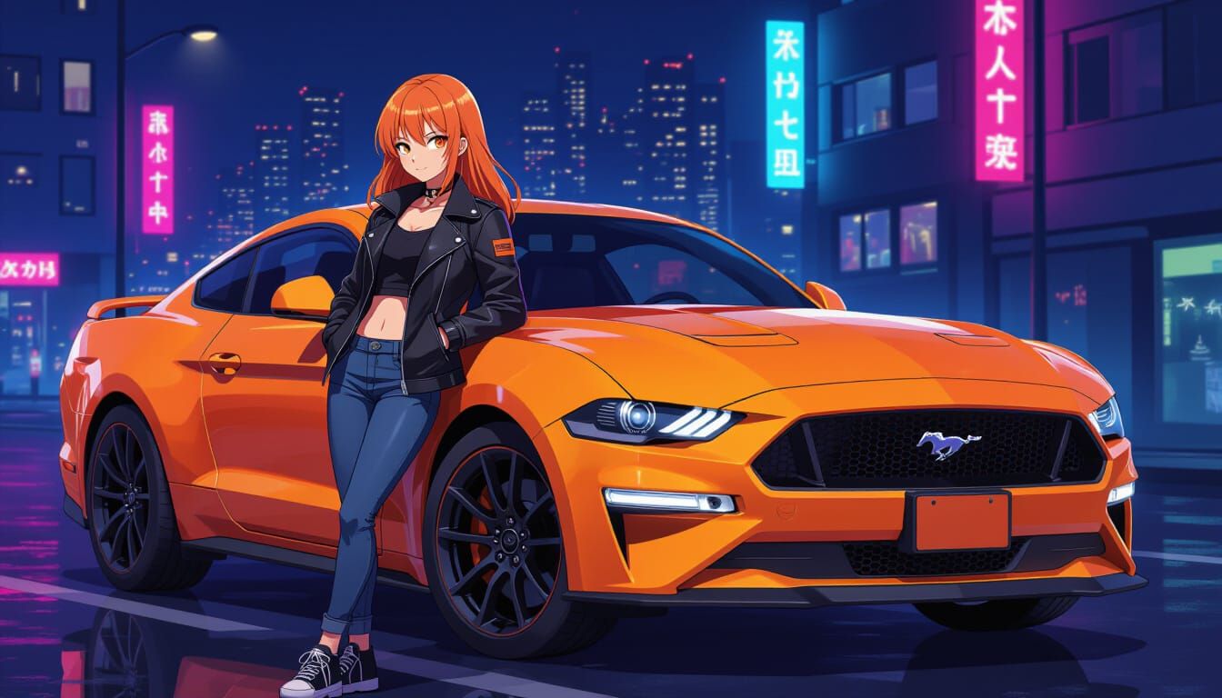 Anime Girl With Orange Mustang Under Neon Lights
