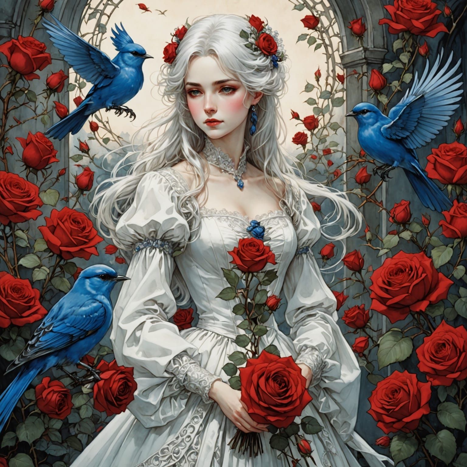 Woman Among Bluebirds and Vibrant Roses in Whimsical Garden
