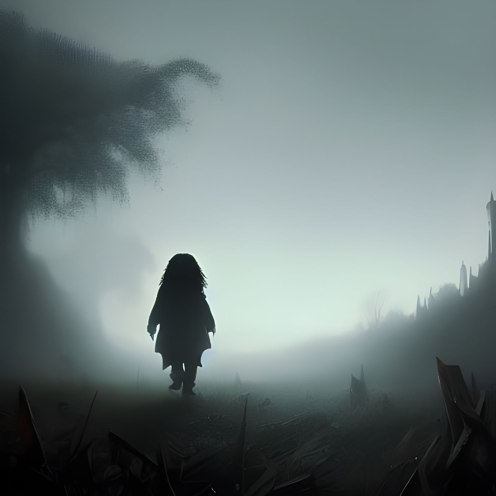 Hagrid Silhouette in Fog, Dark Fantasy Art