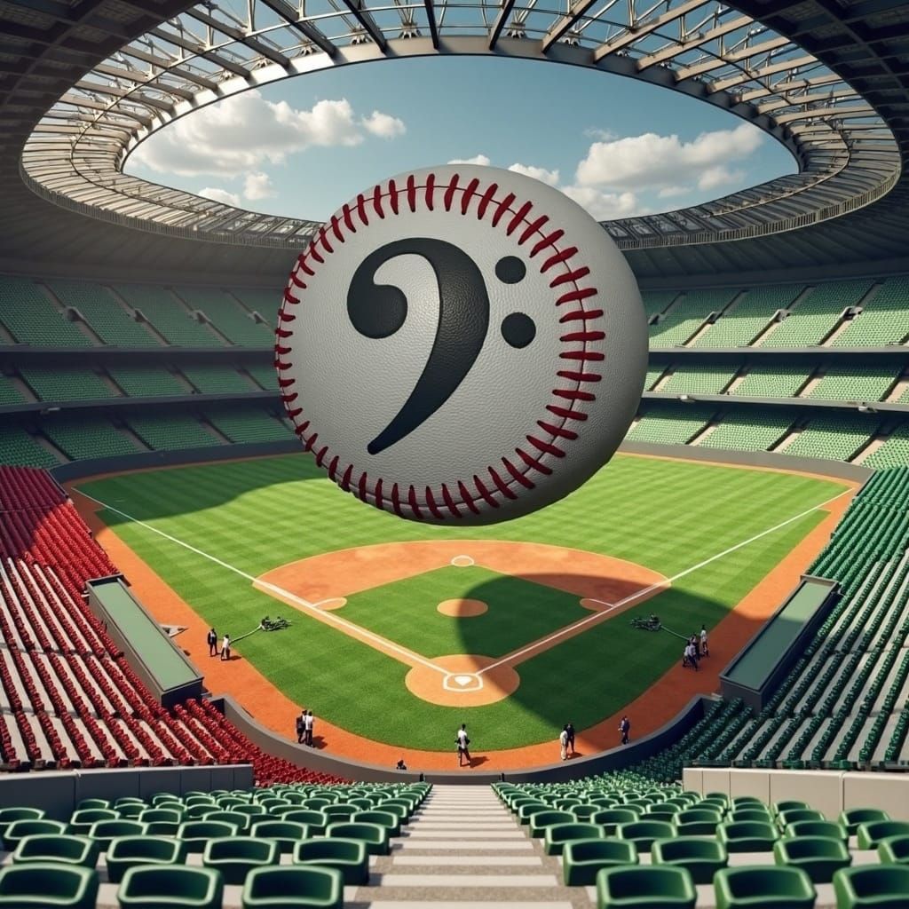 Floating Baseball with Bass Clef Over Stadium