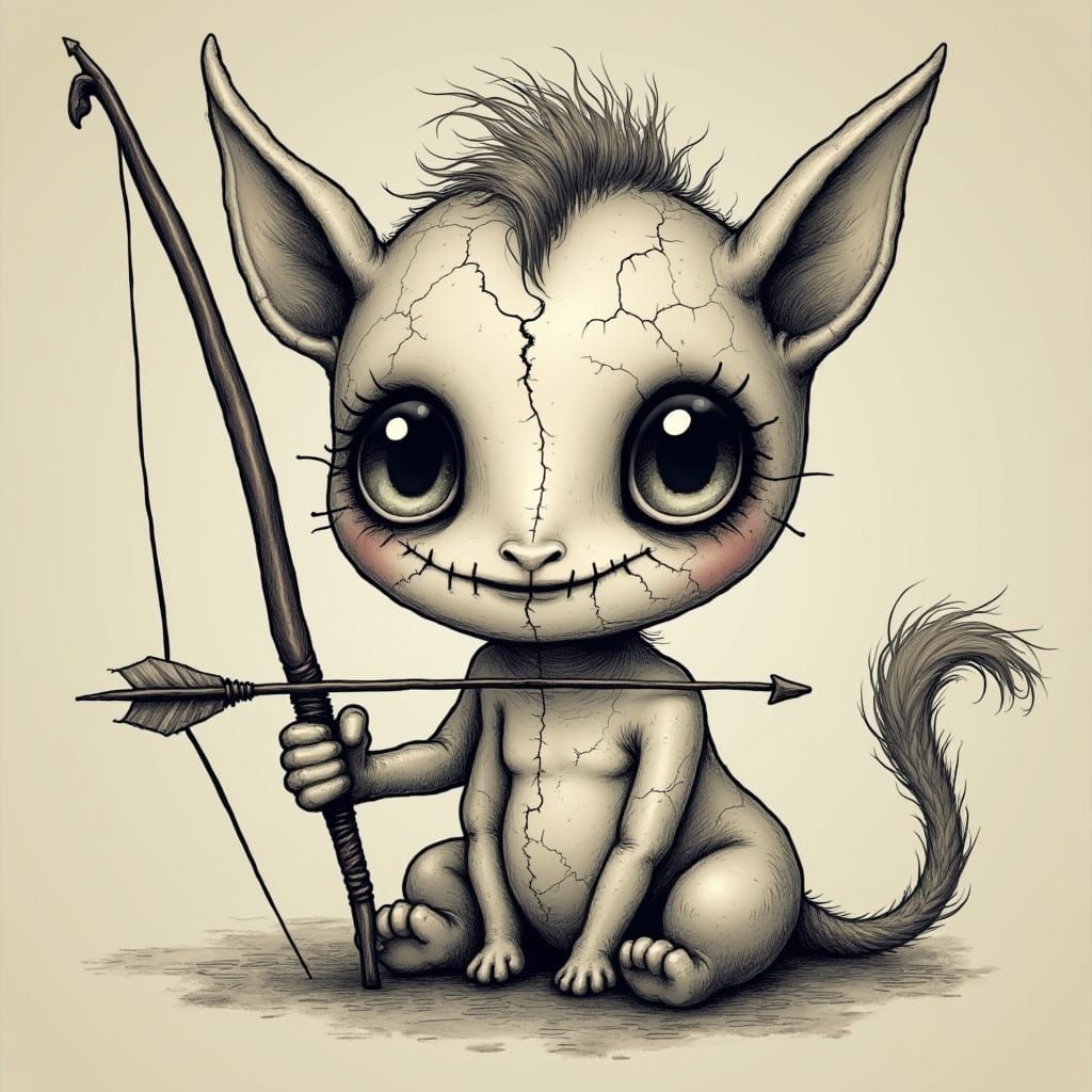 Eerie Baby Centaur with Gothic Bow: Line Art Cartoon