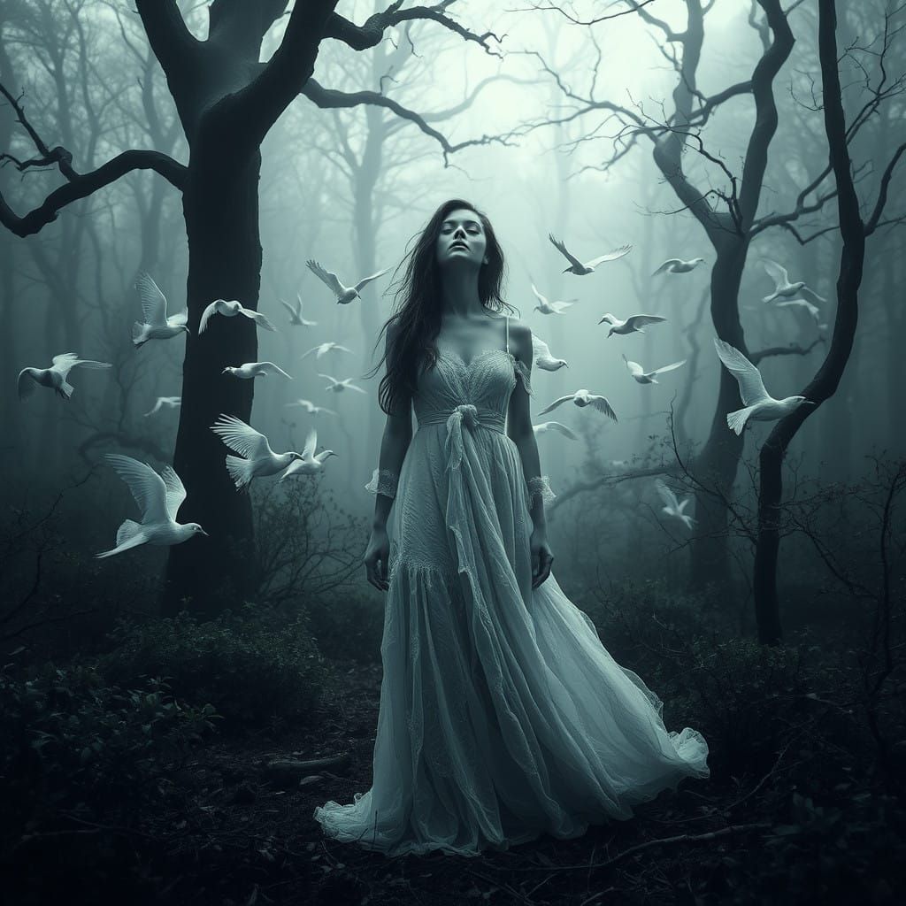 Ethereal Woman in Surreal Forest Landscape