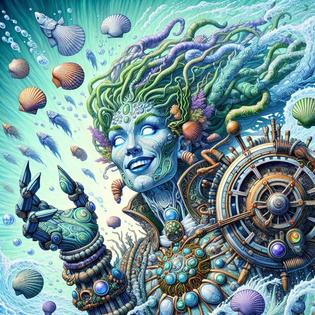 Joyful Sea Goddess Pushing Steampunk Turtle