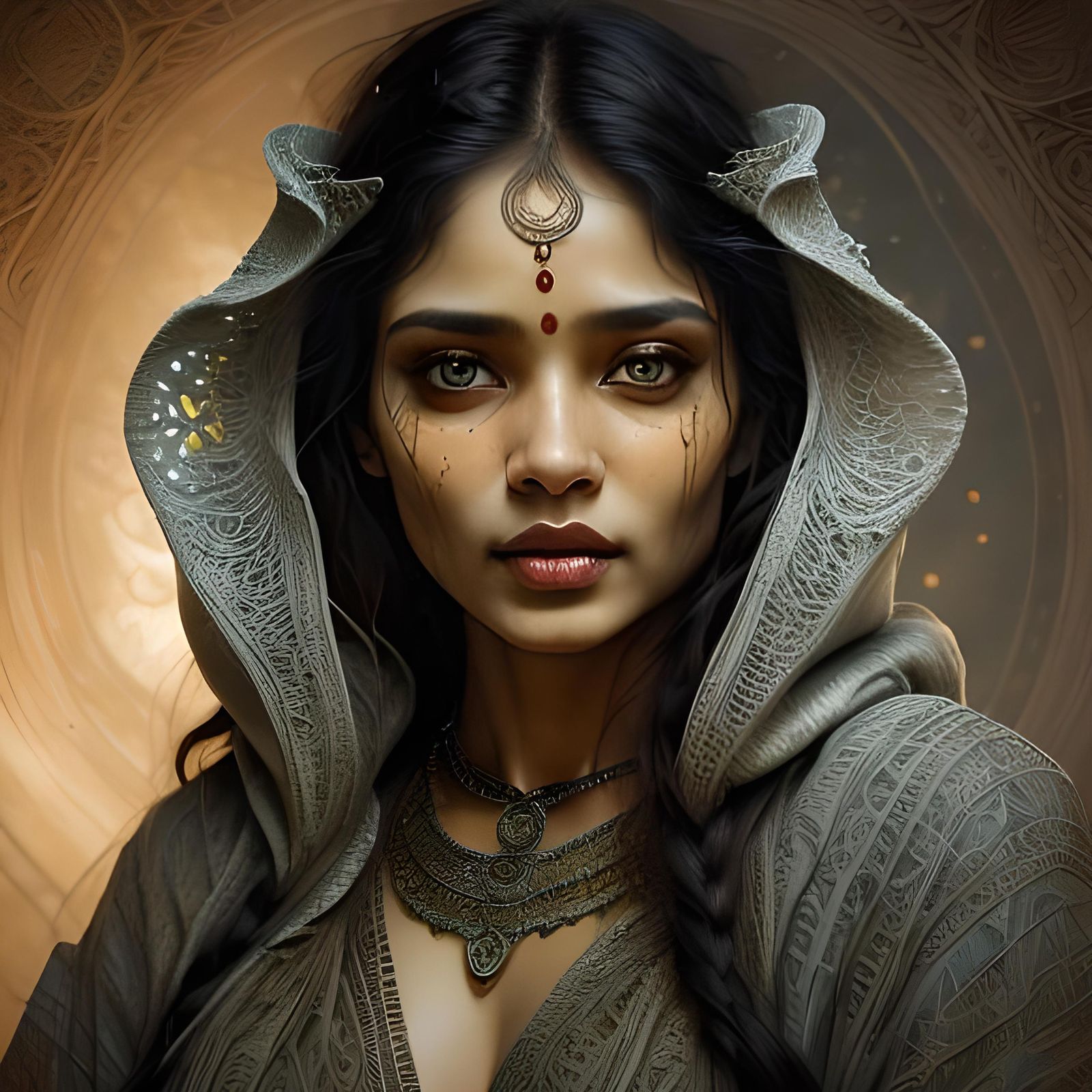 Tamil Woman with Honeycomb Scales in Filigree Oil Sfumato