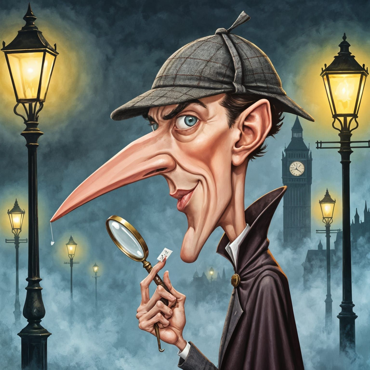 Sherlock Holmes Caricature in Stylized Gouache Painting