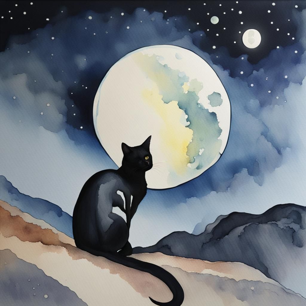 Surreal Black Cat Moonscape in Watercolor Style
