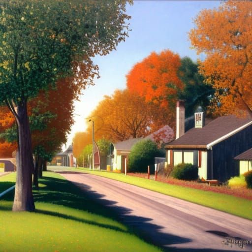 Autumn Morning on Suburban Street in Regionalist Style