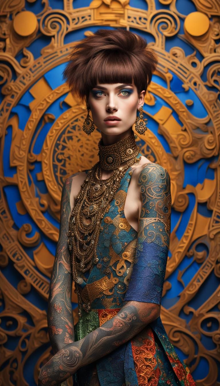 Confident Brunette Model in Klimt-Inspired Avant-Garde Fashi...