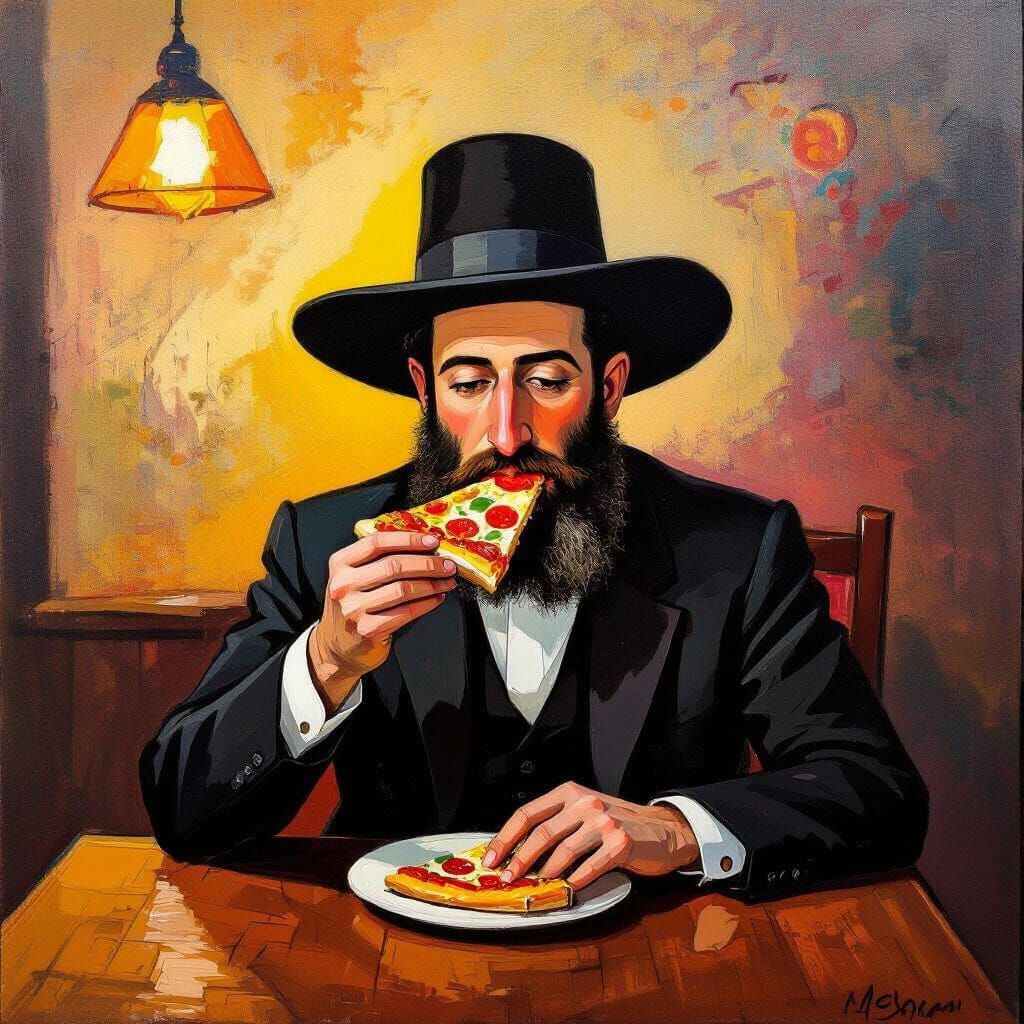 Haredi Man Enjoys Pizza in Abstract Expressionist Style