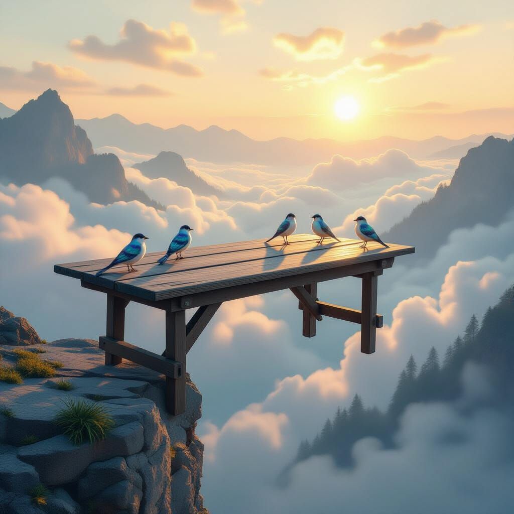 Weathered Table on Clouds Above Misty Valley