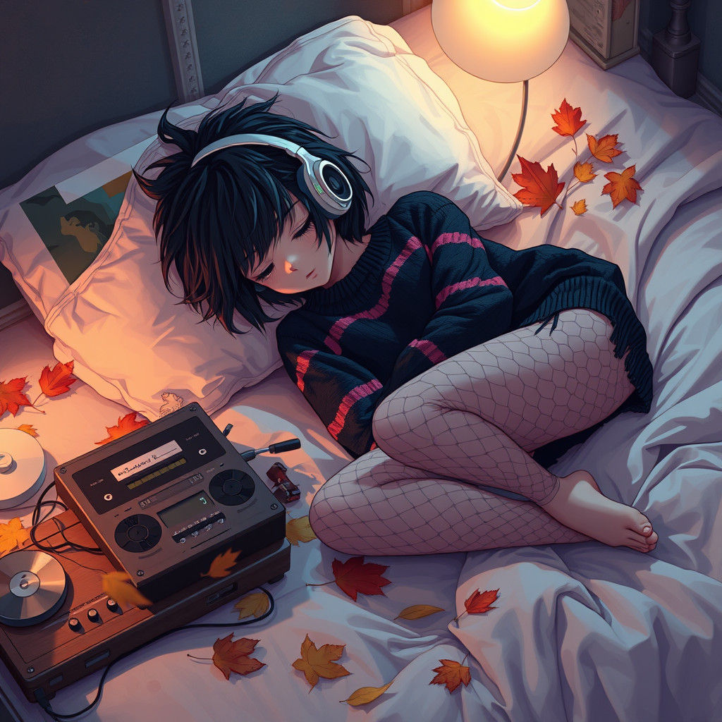 Emo Girl Sleeping in Autumn, Pixel Art Style