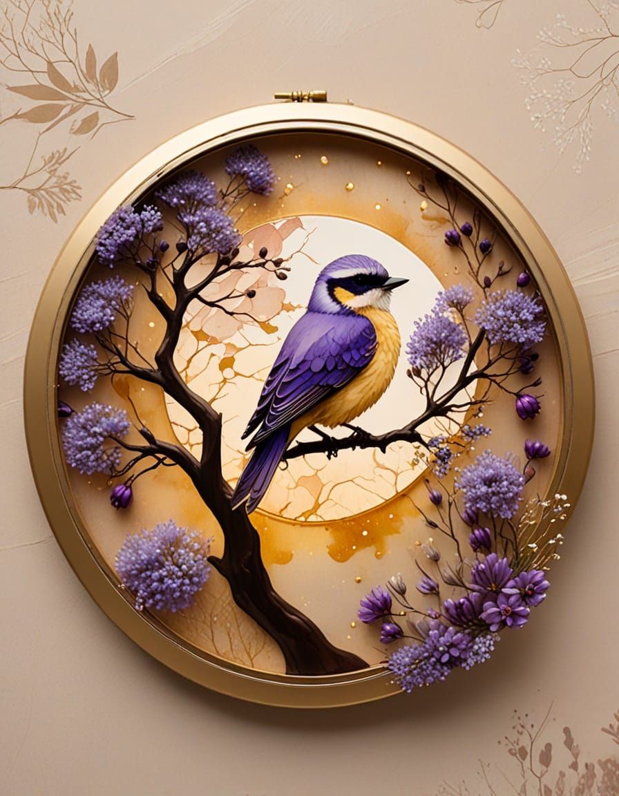 Amber Ink Circular Design with Flowers, Clouds & Bird