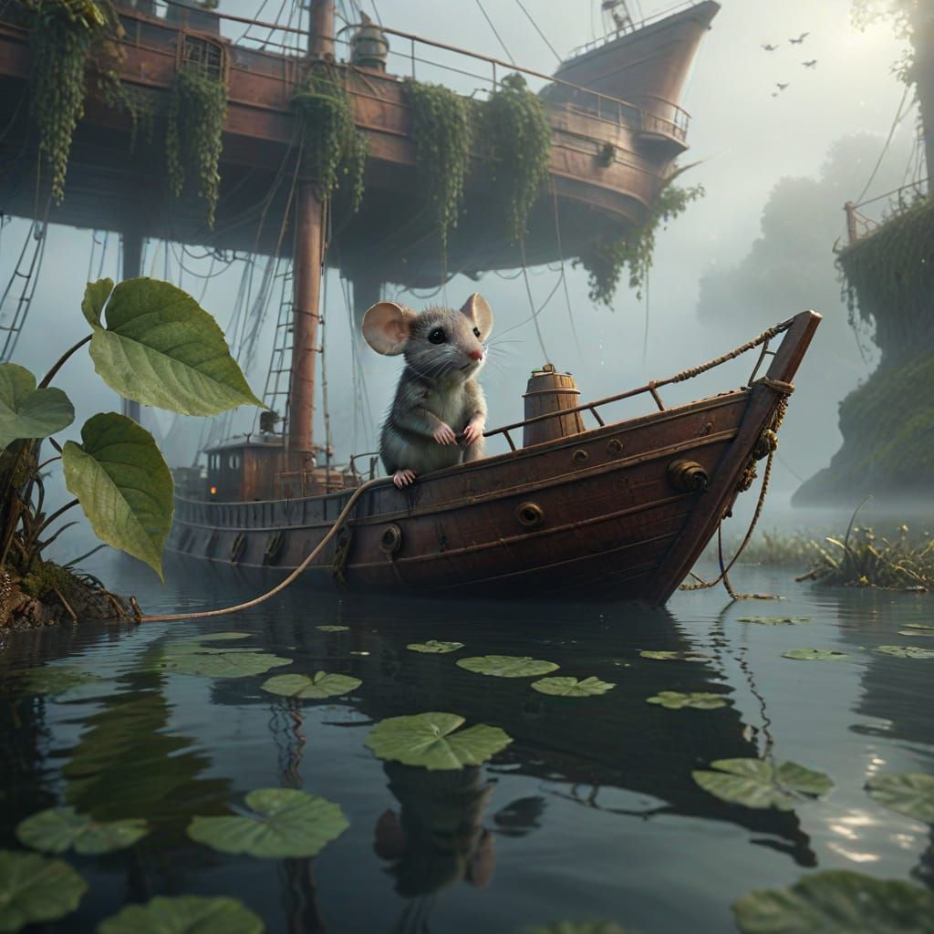 Mouse on Leaf Ship Sailing in Fog