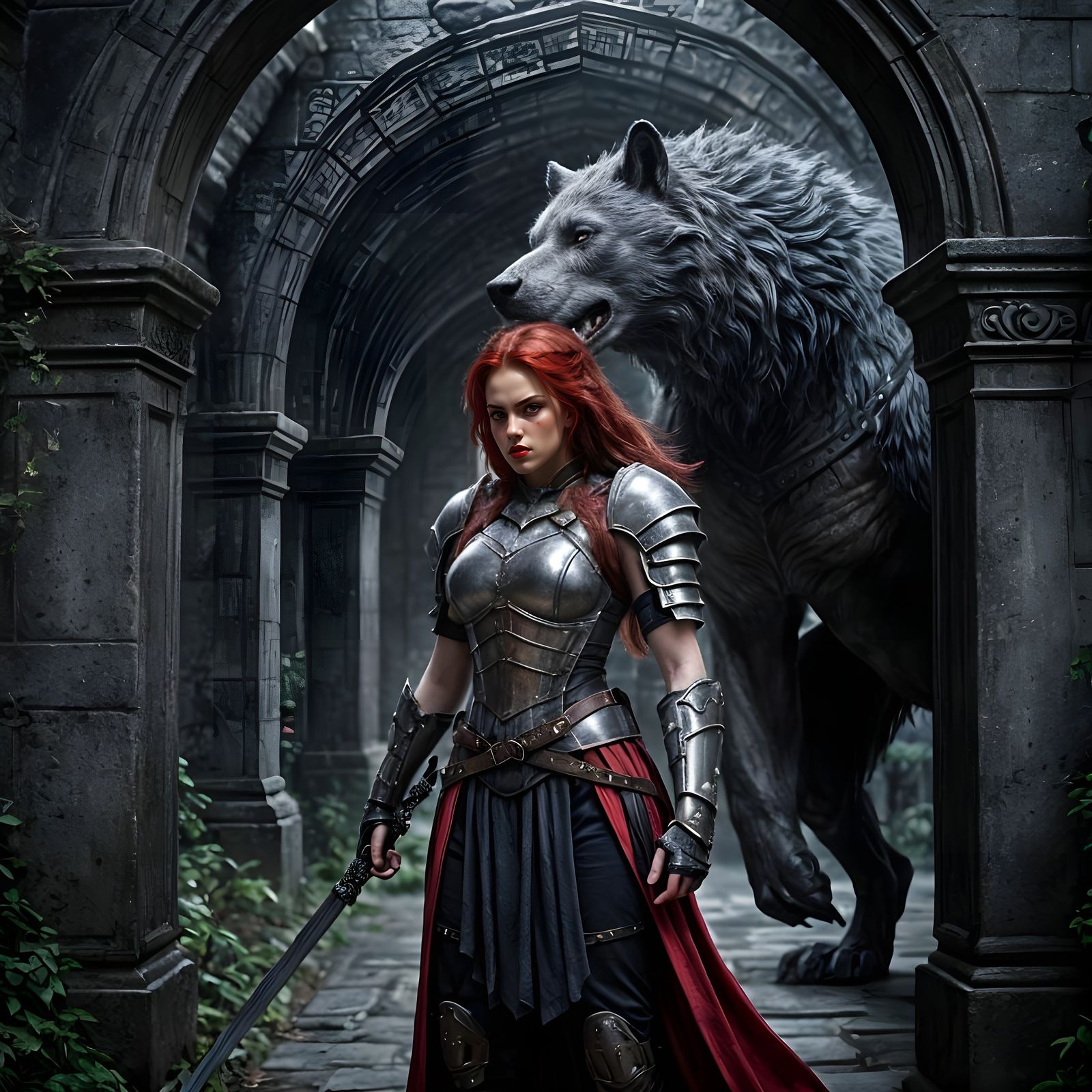 Warrior Woman and Werewolf in Gothic Archway