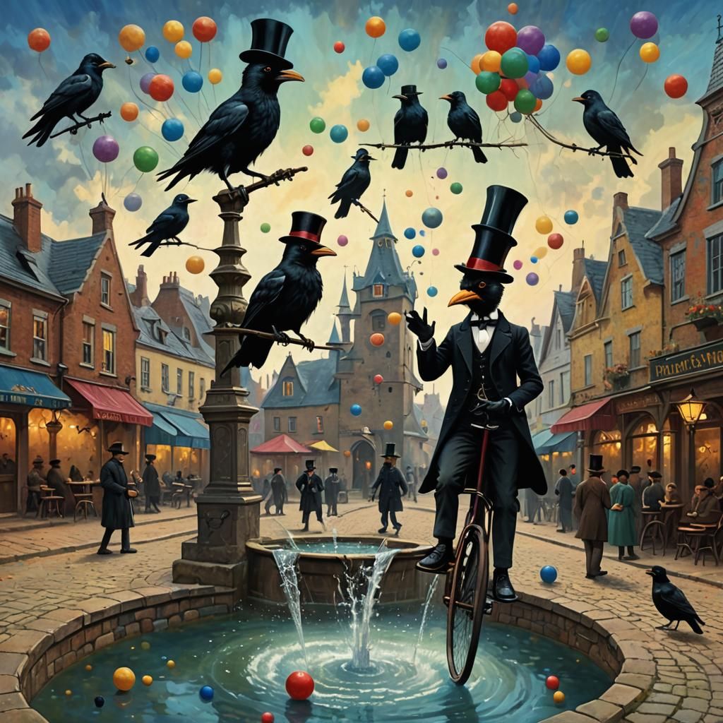 Surreal Crows Ride Unicycles in Village, Van Gogh Sky