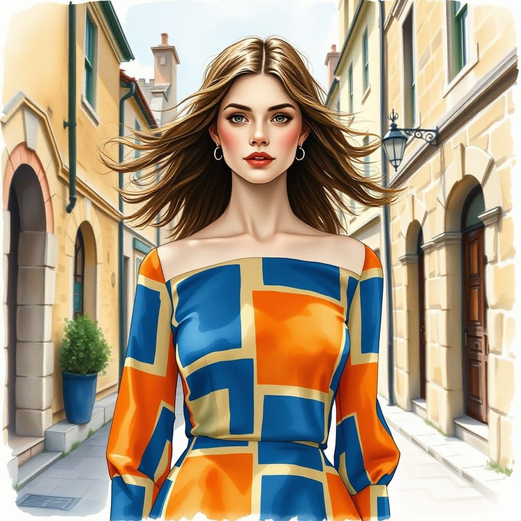 Elegant Woman in Cobalt Blue and Amber Squares