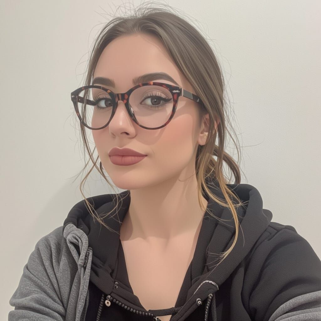 Young Woman with Brown Hair and Stylish Glasses in Hoodie