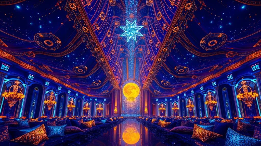 Sapphire Hued Celestial Hall in Neon-Lit Opulence