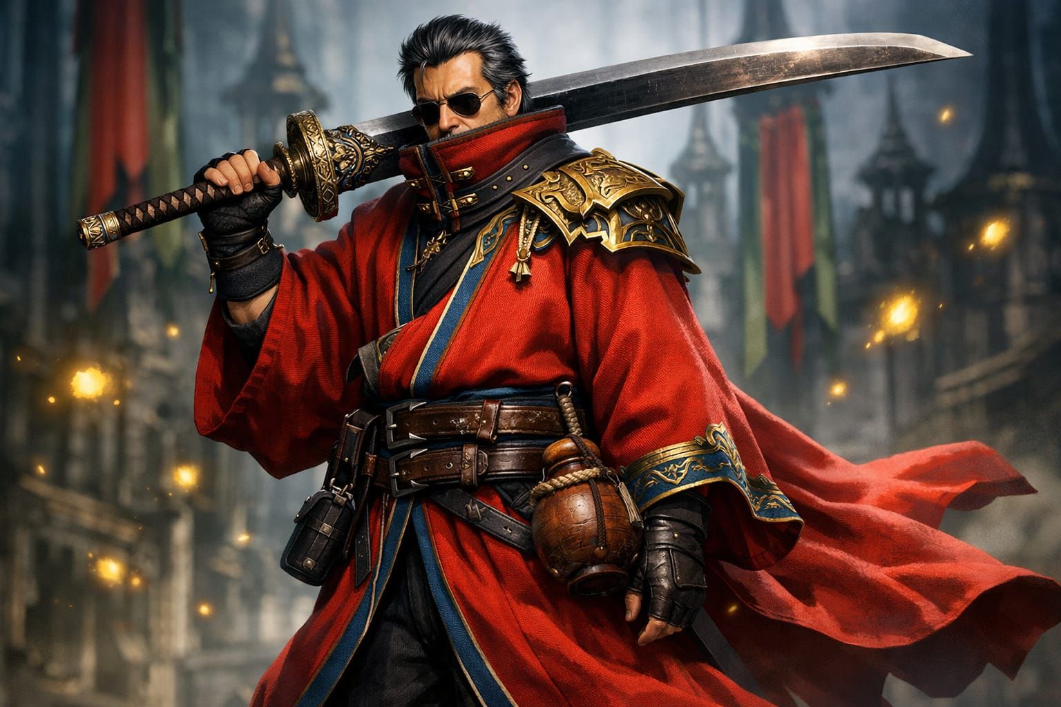 Battle-Ready Auron in JRPG Concept Art Style