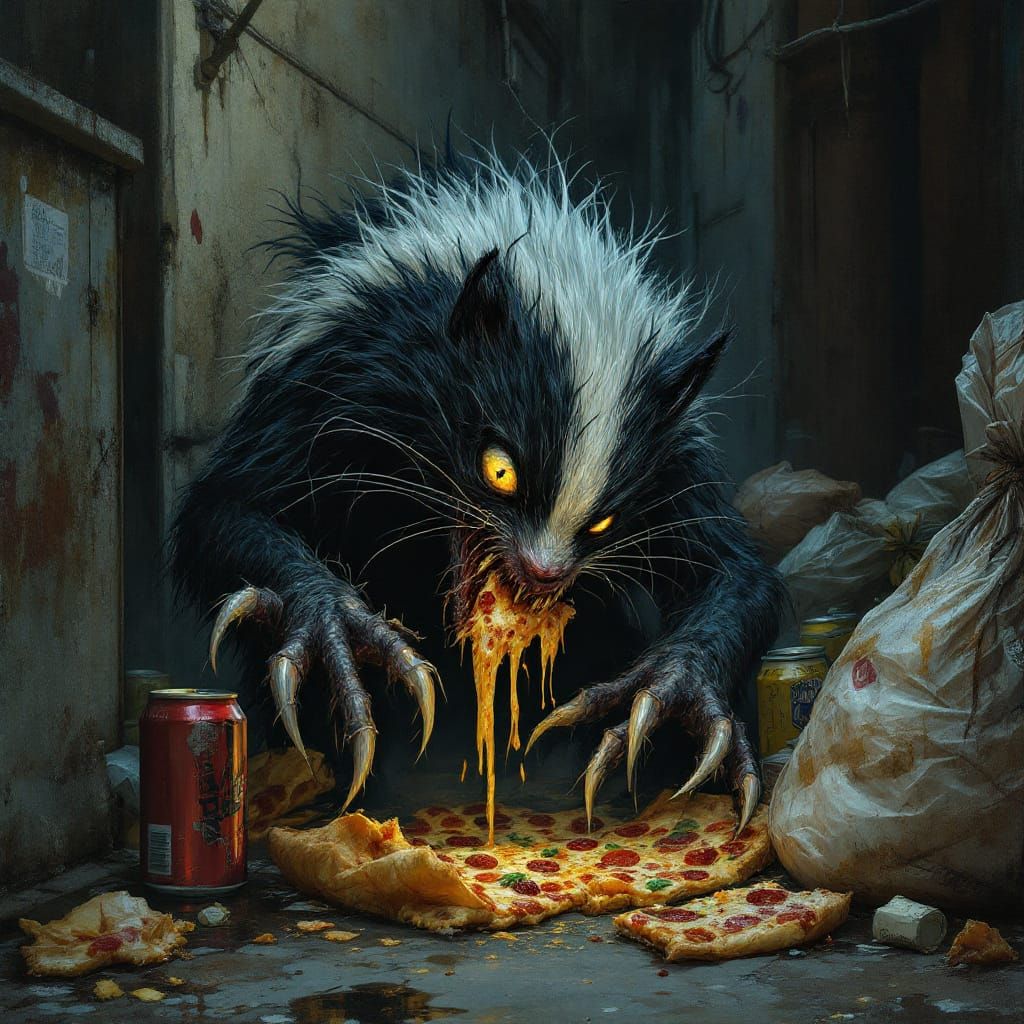Skunk monster eating garbage.
