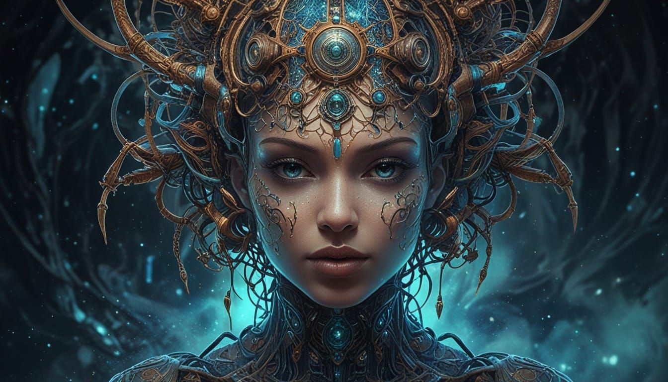 Cybernetic Woman Emerges from Mist in Steampunk Art Deco Sty...