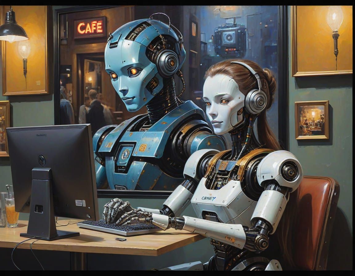 Robot and Artist Collaborate on AI Art in a Cyberpunk Cafe