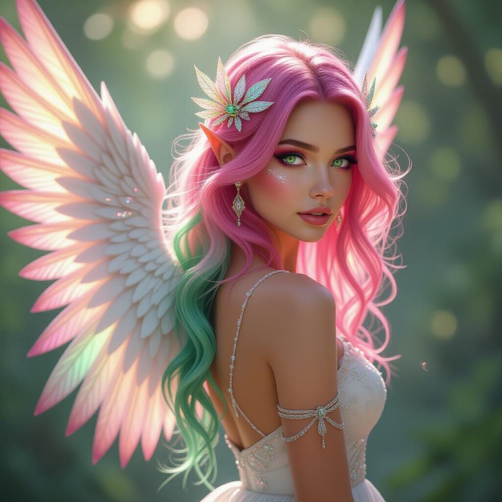 Fantasy Woman with Two-Toned Hair and Iridescent Wings